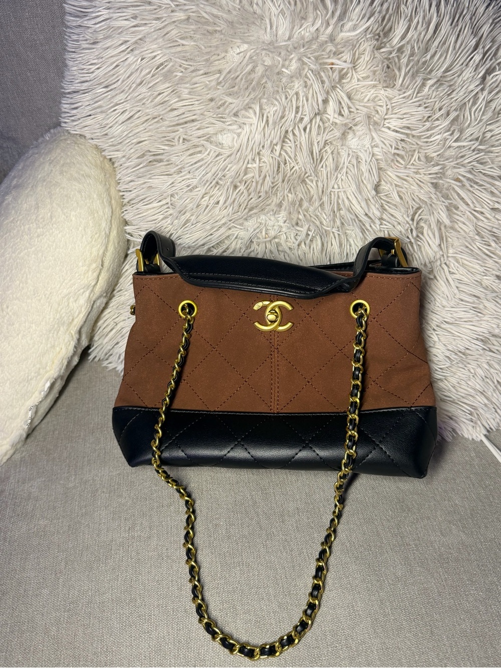 CHANEL Brown and Black Quilted Shoulder Bag with Gold Hardware